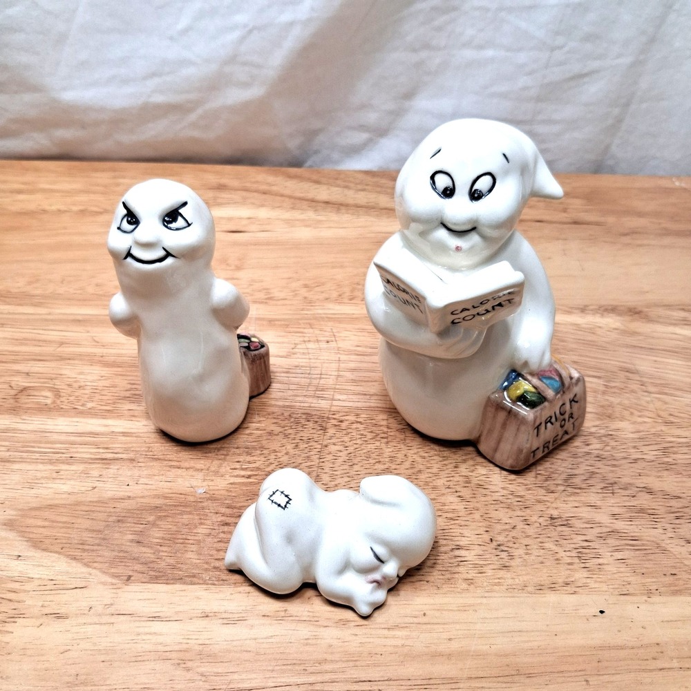 Lot of 3 Vintage Ceramic Ghosts Hand Painted Halloween Decor Cute Funny